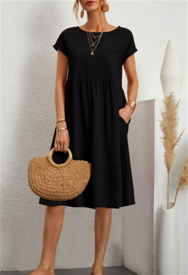 Short-sleeved A-line Dress With Pockets