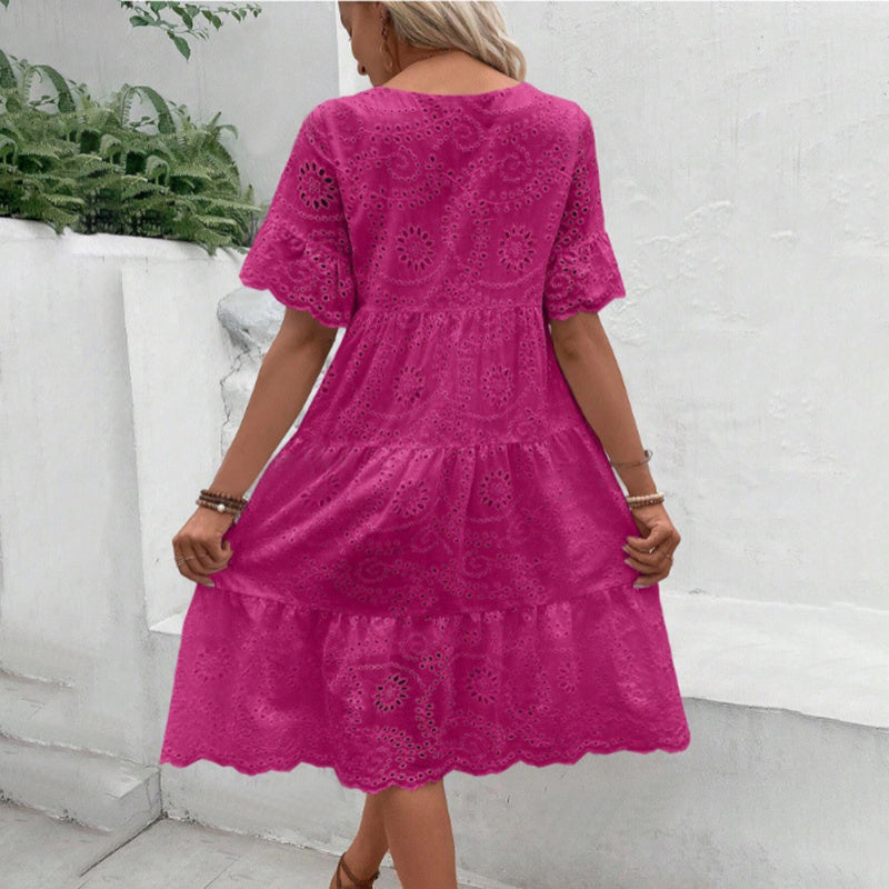 Round Neck Embroidered Lace Short Sleeve A-Line Summer Dress