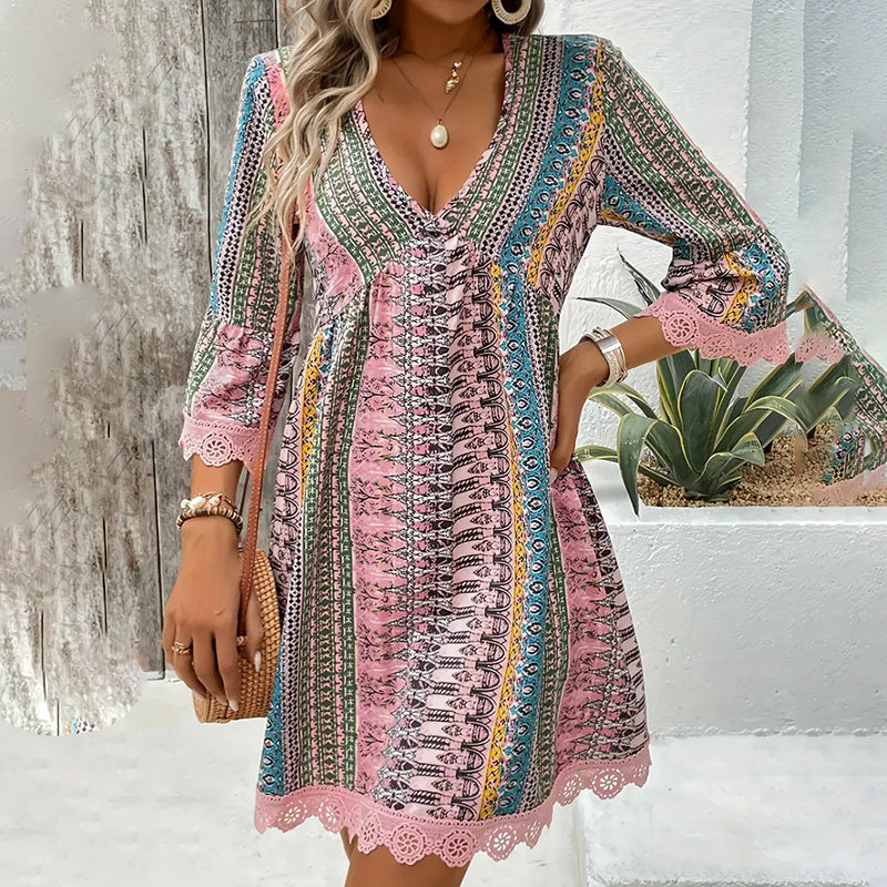 Boho Print Mini Dress V-Neck 3/4 Sleeve Flowy Casual Summer Beach Sundress