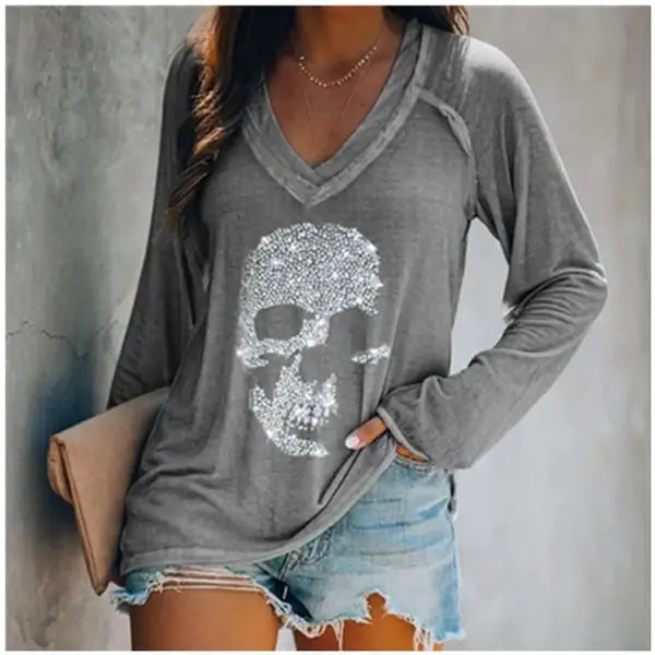 Skull Print Casual Long-Sleeved Deep V-Neck T-Shirt