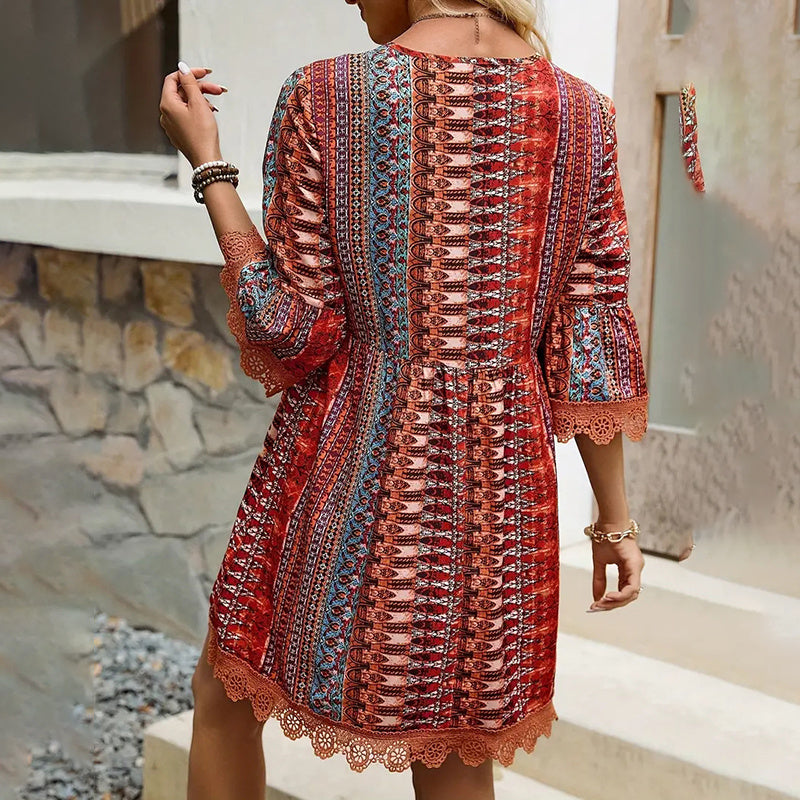 Boho Print Mini Dress V-Neck 3/4 Sleeve Flowy Casual Summer Beach Sundress