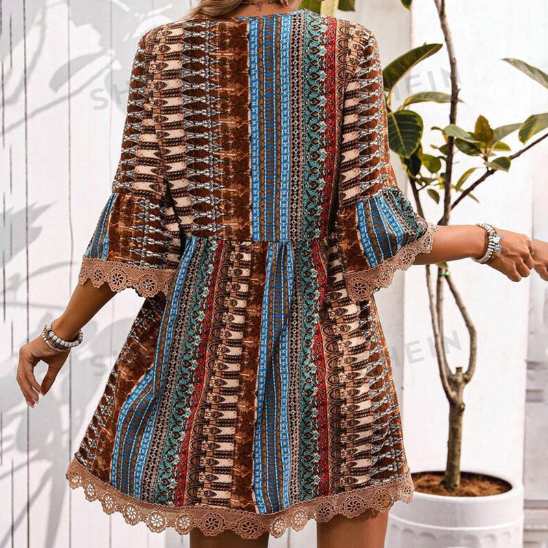 Boho Print Mini Dress V-Neck 3/4 Sleeve Flowy Casual Summer Beach Sundress
