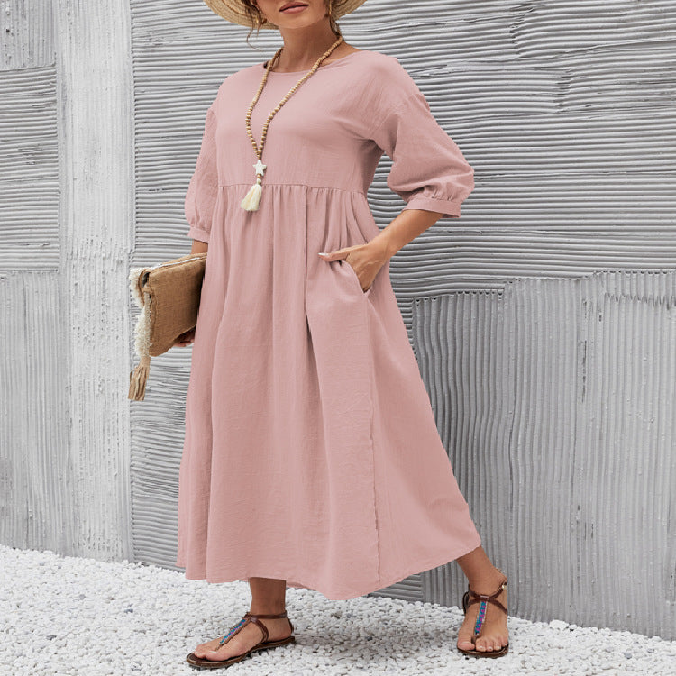 Short-sleeved A-line Dress With Pockets