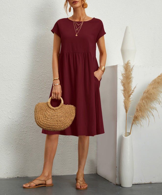 Short-sleeved A-line Dress With Pockets