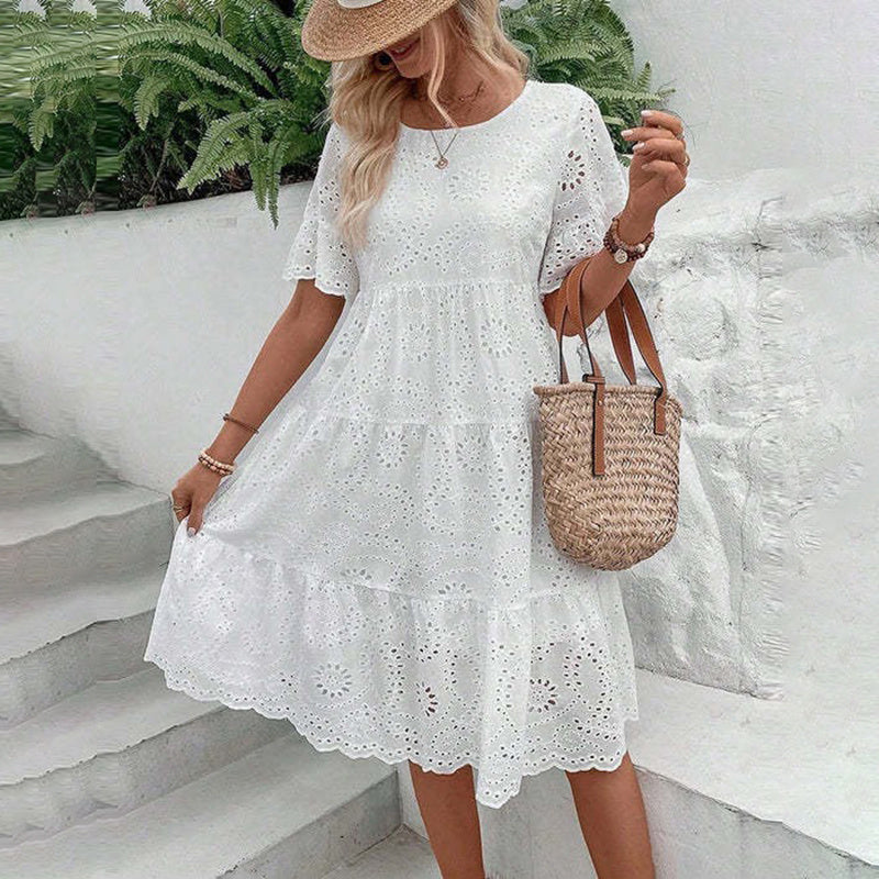Round Neck Embroidered Lace Short Sleeve A-Line Summer Dress