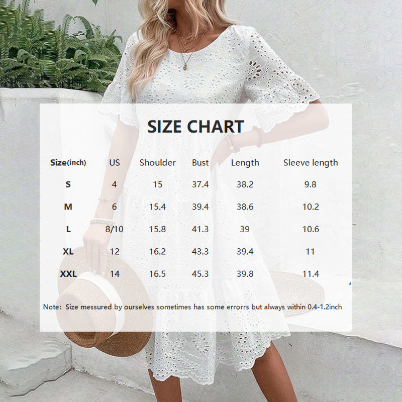 Round Neck Embroidered Lace Short Sleeve A-Line Summer Dress