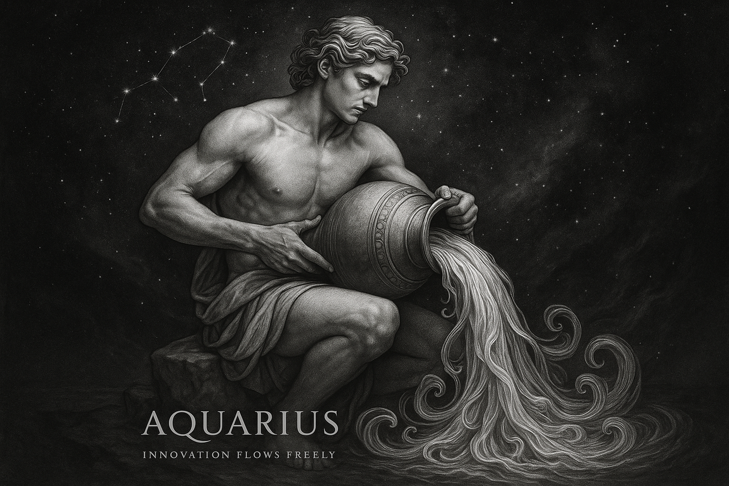 Premium Aquarius zodiac art with water bearer and innovative text