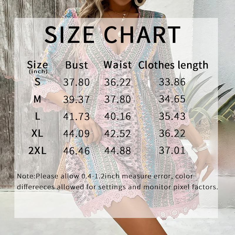 Boho Print Mini Dress V-Neck 3/4 Sleeve Flowy Casual Summer Beach Sundress