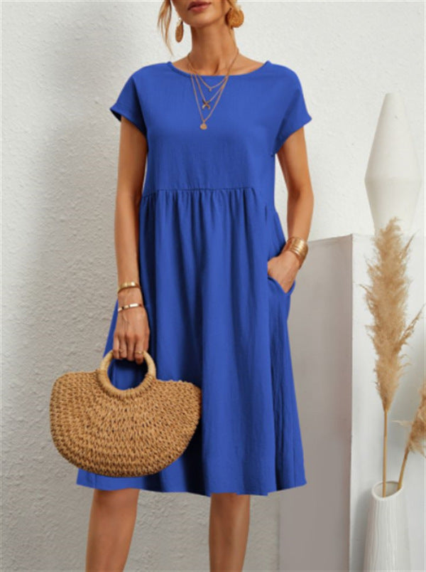 Short-sleeved A-line Dress With Pockets