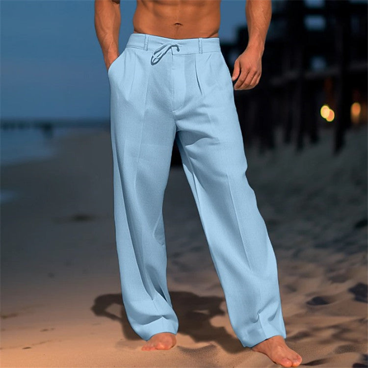 Casual Wide-Leg Straight Pants With Pockets and Drawstring