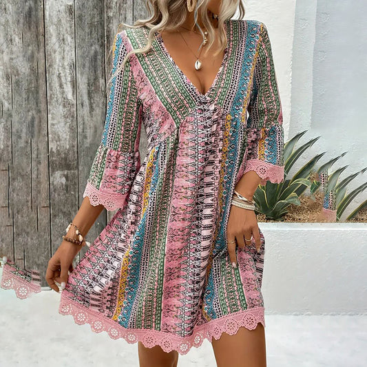 Boho Print Mini Dress V-Neck 3/4 Sleeve Flowy Casual Summer Beach Sundress