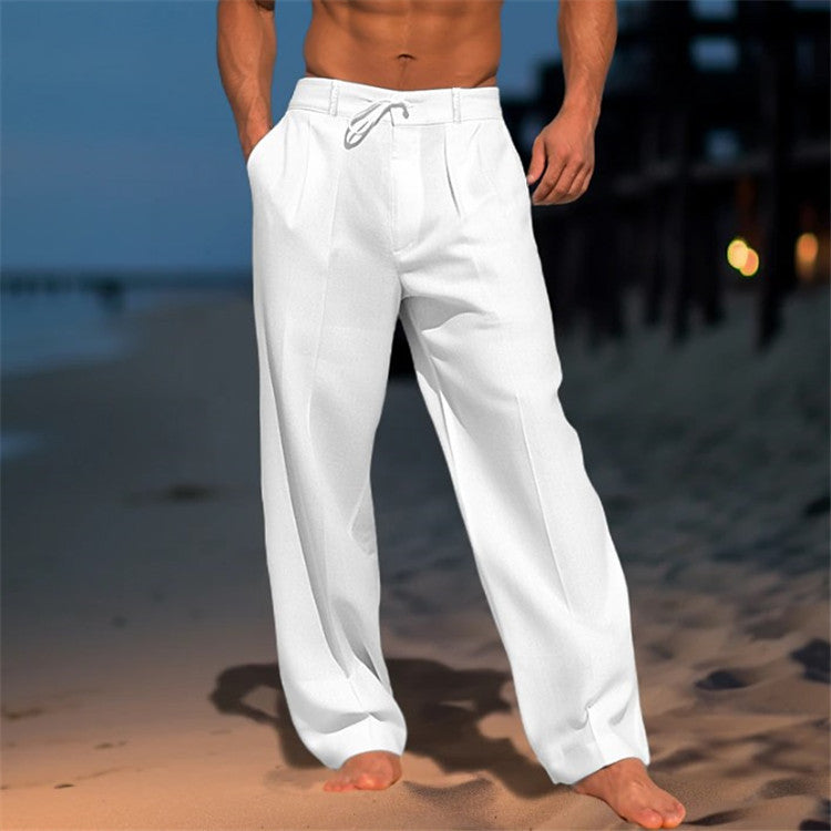 Casual Wide-Leg Straight Pants With Pockets and Drawstring
