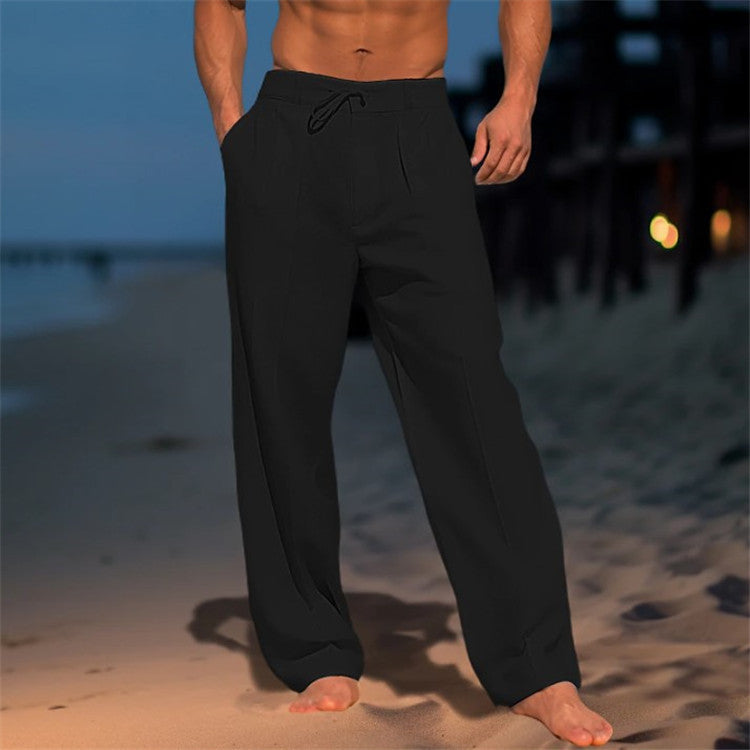 Casual Wide-Leg Straight Pants With Pockets and Drawstring