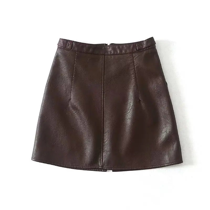 High Waist Slim Zipper A-Line PU Leather Short Skirt