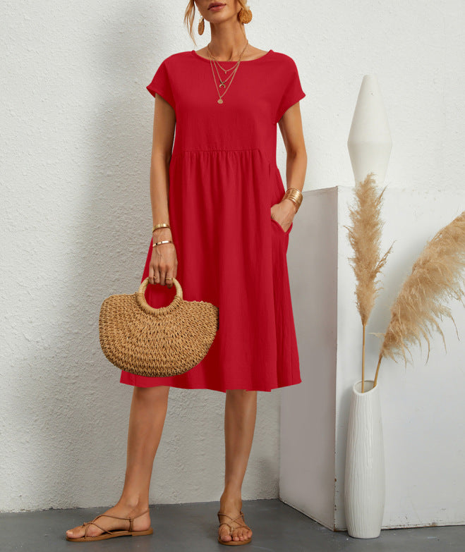 Short-sleeved A-line Dress With Pockets