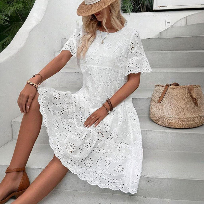 Round Neck Embroidered Lace Short Sleeve A-Line Summer Dress