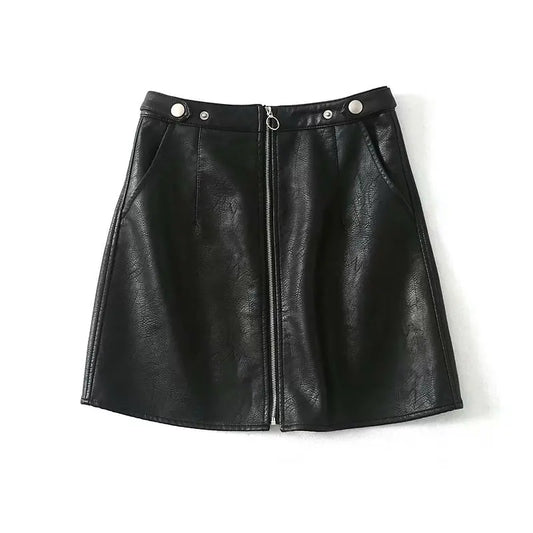 High Waist Slim Zipper A-Line PU Leather Short Skirt