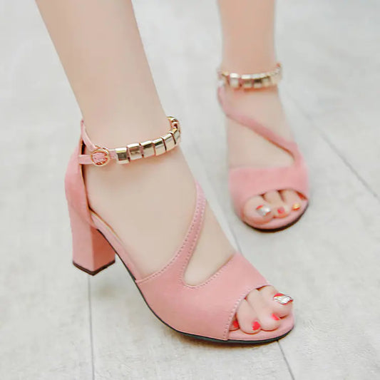 Women's Sandals with Thick Mid-Heel Buckle