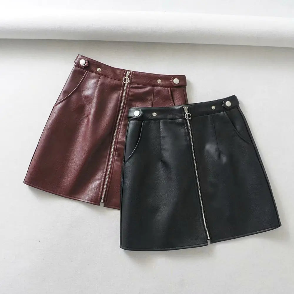 High Waist Slim Zipper A-Line PU Leather Short Skirt