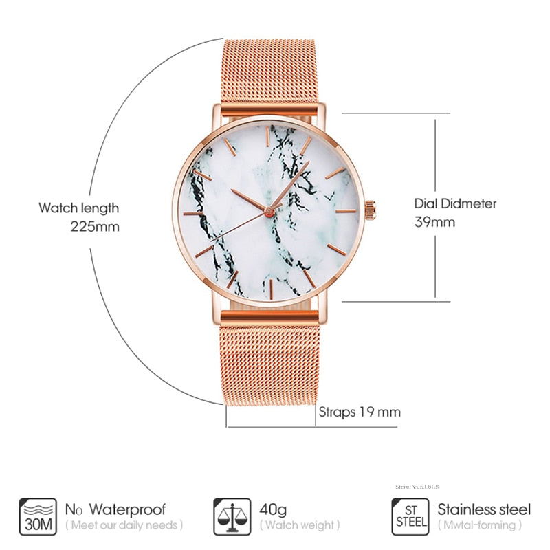 Women’s Rose & Gold Mesh Band Marble Luxury Quartz Watch-Relogio Feminino