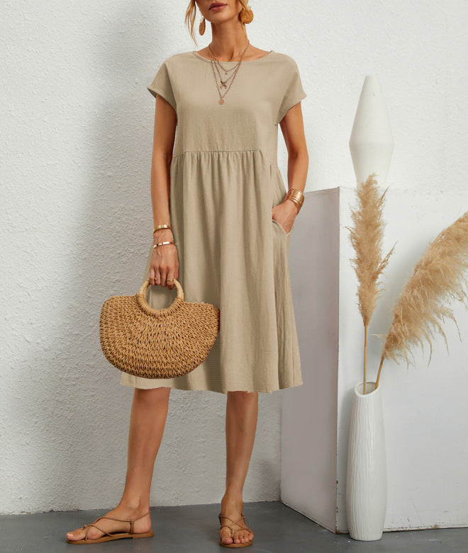 Short-sleeved A-line Dress With Pockets