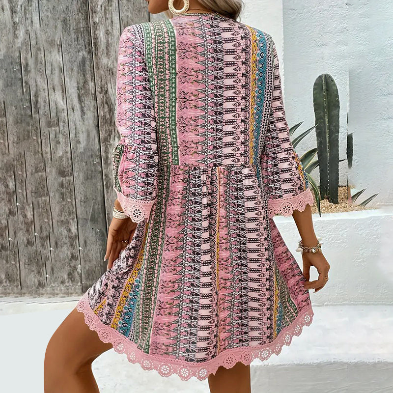Boho Print Mini Dress V-Neck 3/4 Sleeve Flowy Casual Summer Beach Sundress