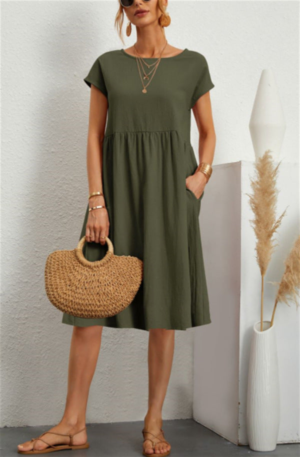 Short-sleeved A-line Dress With Pockets