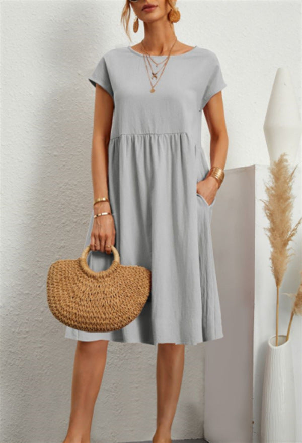 Short-sleeved A-line Dress With Pockets