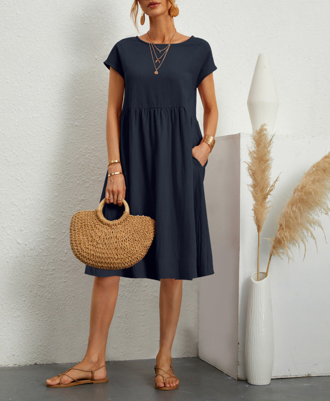 Short-sleeved A-line Dress With Pockets