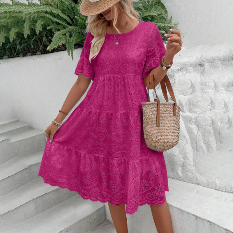 Round Neck Embroidered Lace Short Sleeve A-Line Summer Dress