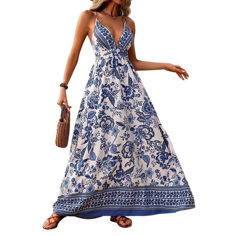 Women's V-Neck Strappy Floral Print Backless Maxi Dress