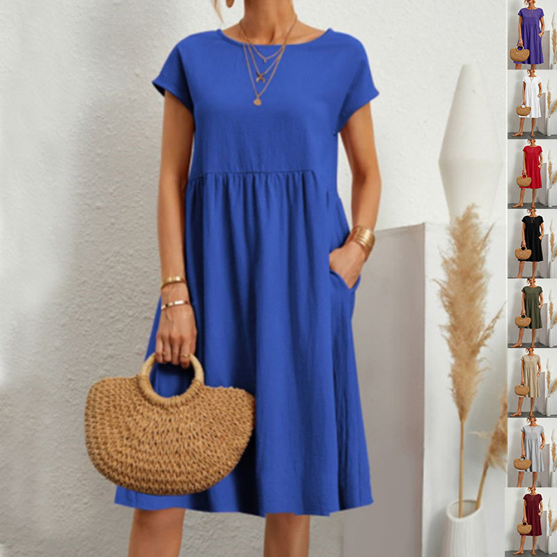 Short-sleeved A-line Dress With Pockets