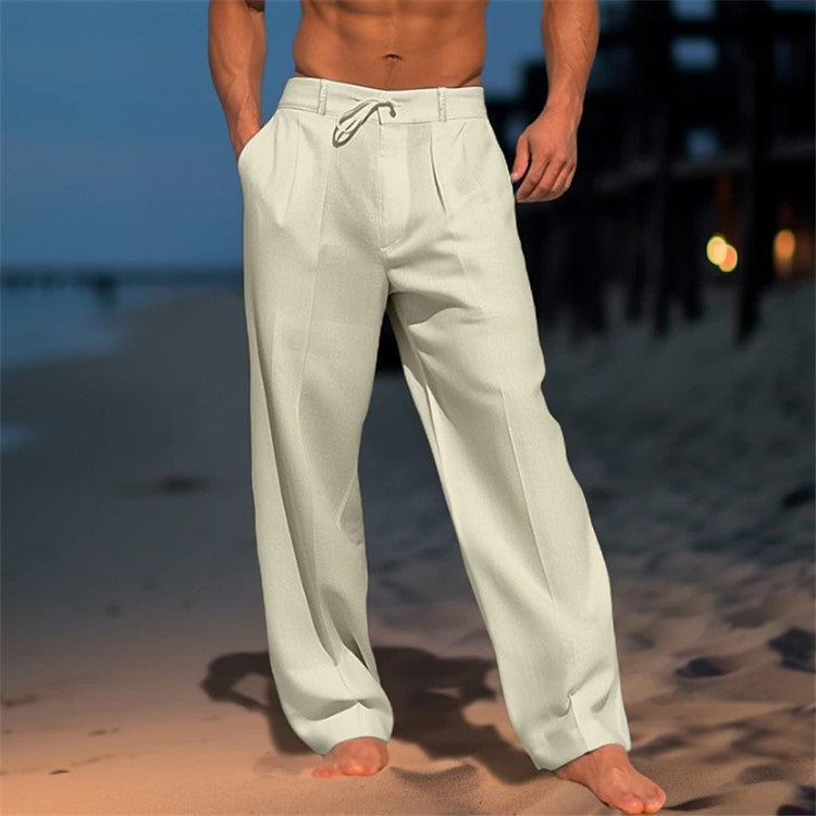 Casual Wide-Leg Straight Pants With Pockets and Drawstring