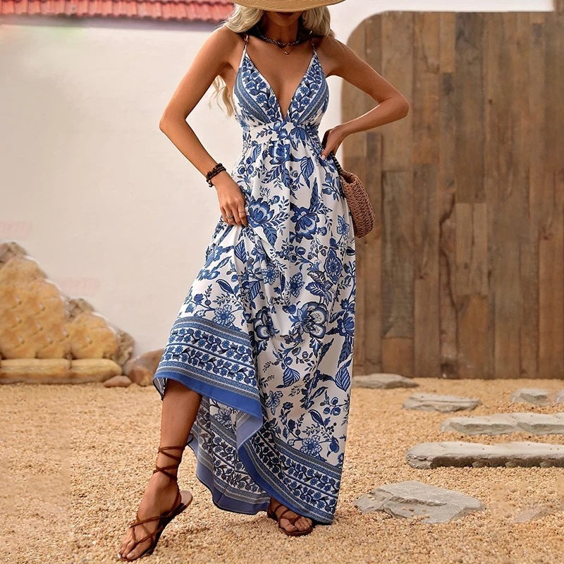 Women's V-Neck Strappy Floral Print Backless Maxi Dress