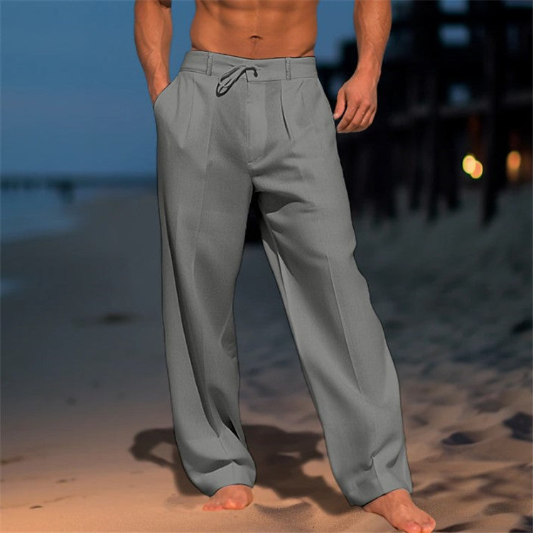 Casual Wide-Leg Straight Pants With Pockets and Drawstring