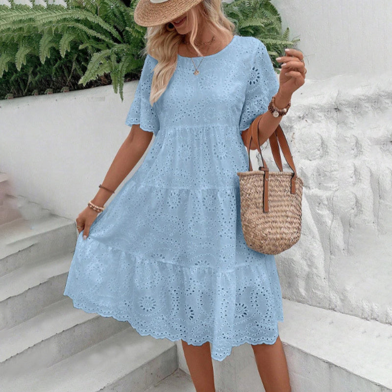 Round Neck Embroidered Lace Short Sleeve A-Line Summer Dress