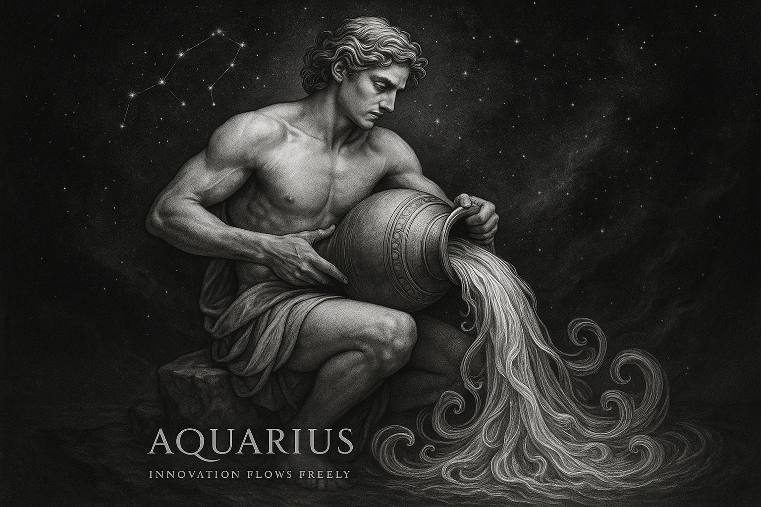 Premium Aquarius zodiac art with water bearer and innovative text