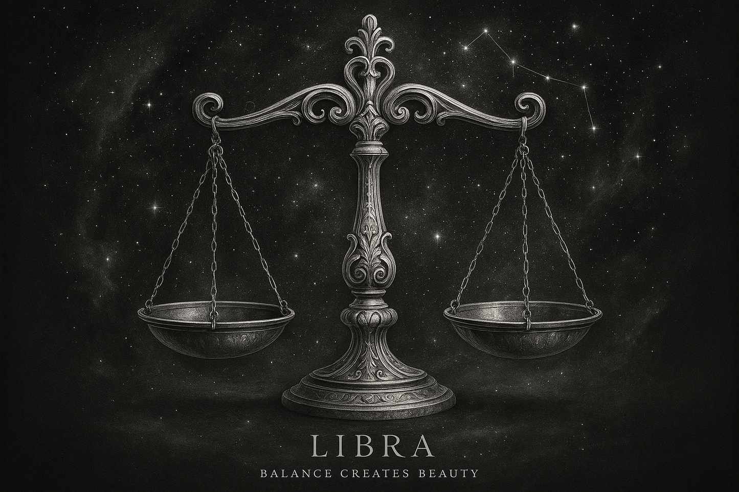 Premium Libra zodiac art with scales and harmonious text