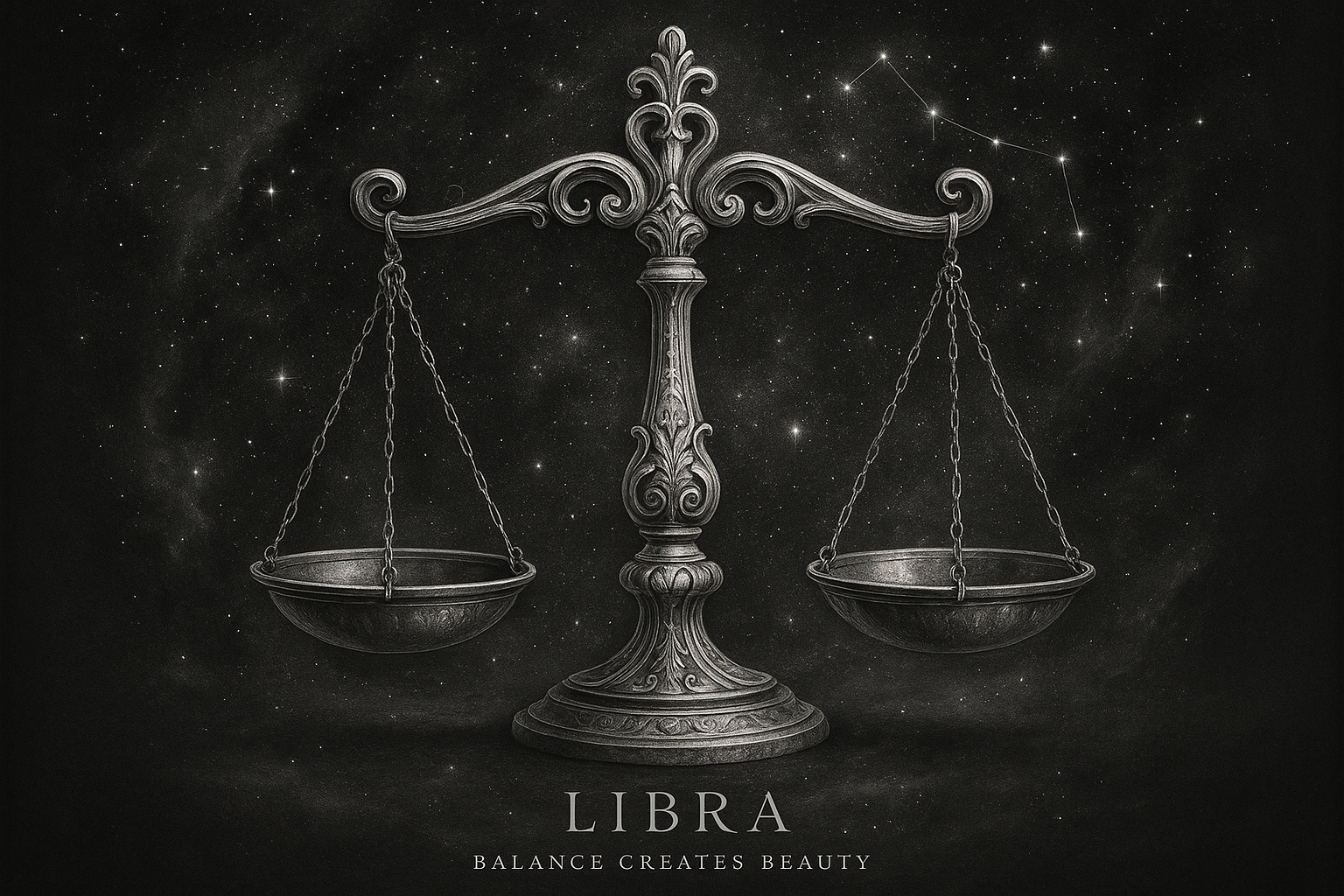 Premium Libra zodiac art with scales and harmonious text
