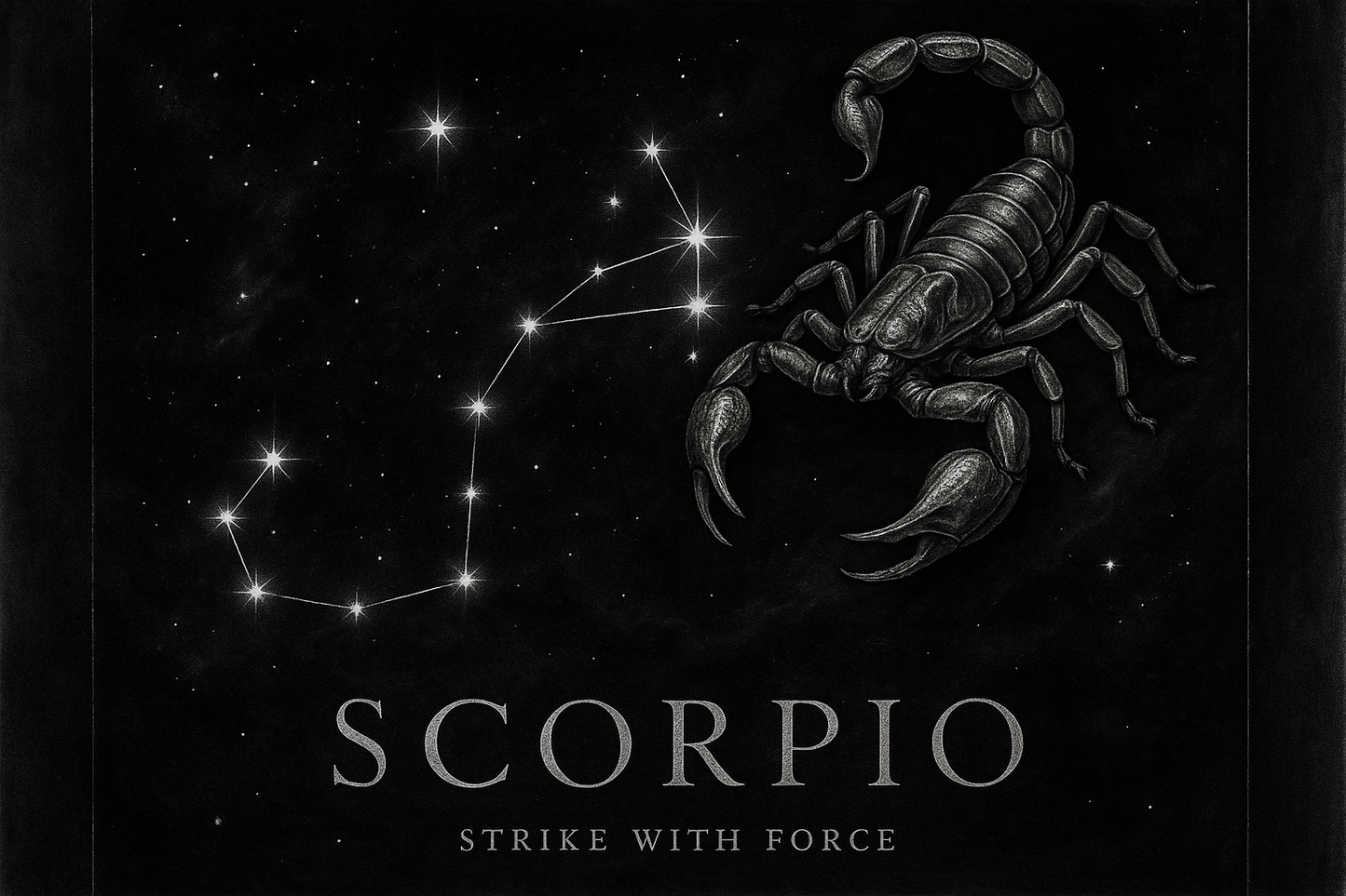 Premium Scorpio zodiac art with scorpion in top right, large constellation, and "Strike with Force" message
