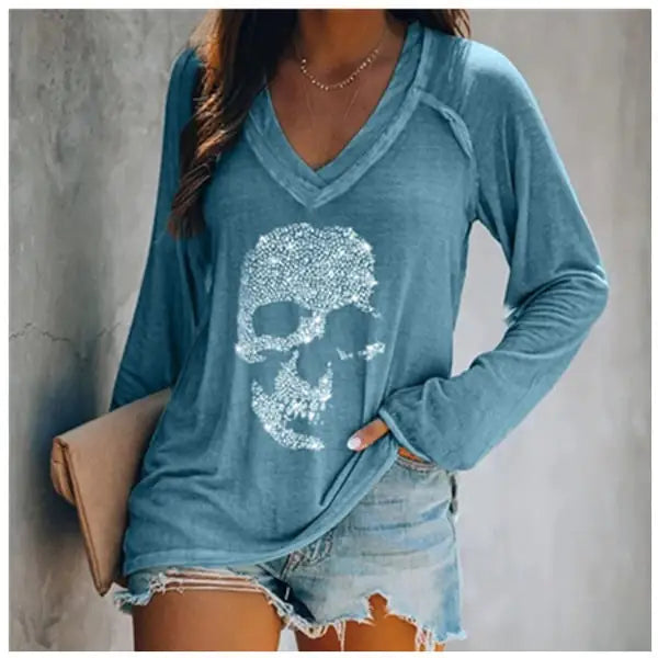 Skull Print Casual Long-Sleeved Deep V-Neck T-Shirt