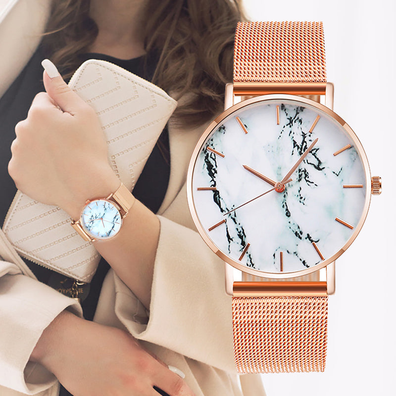 Women’s Rose & Gold Mesh Band Marble Luxury Quartz Watch-Relogio Feminino